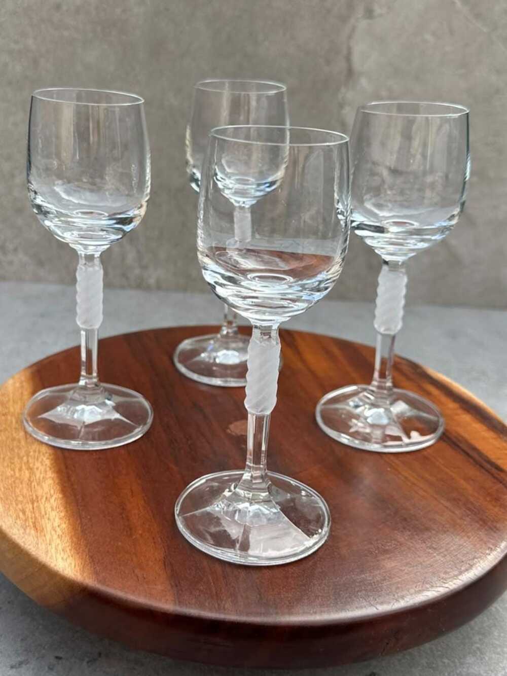 Vintage Clear & Frosted Crystal Cordial Liqueur Glasses|Twist Rope Stem (4 pcs)